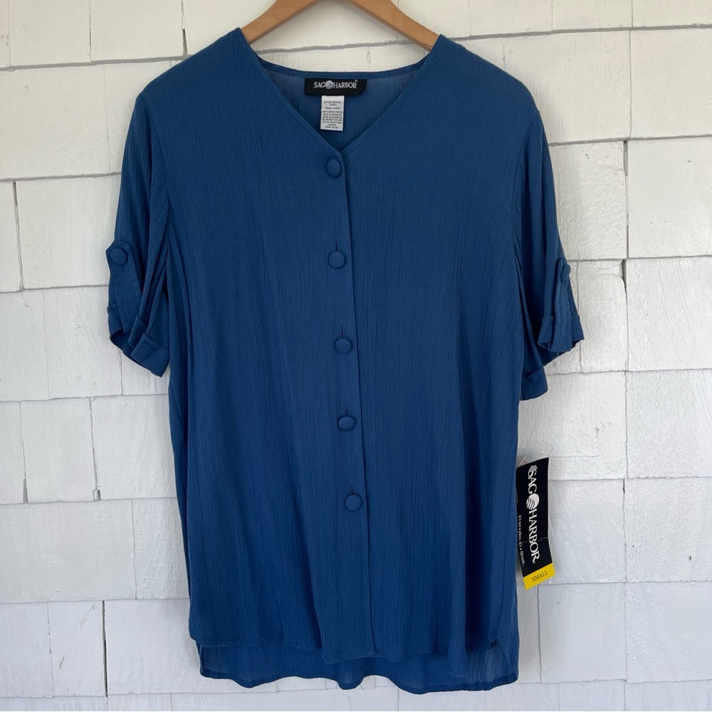 Women’s Size Small Sag Harbor Short Sleeve Button Up Crepon Shirt Indigo NWT
